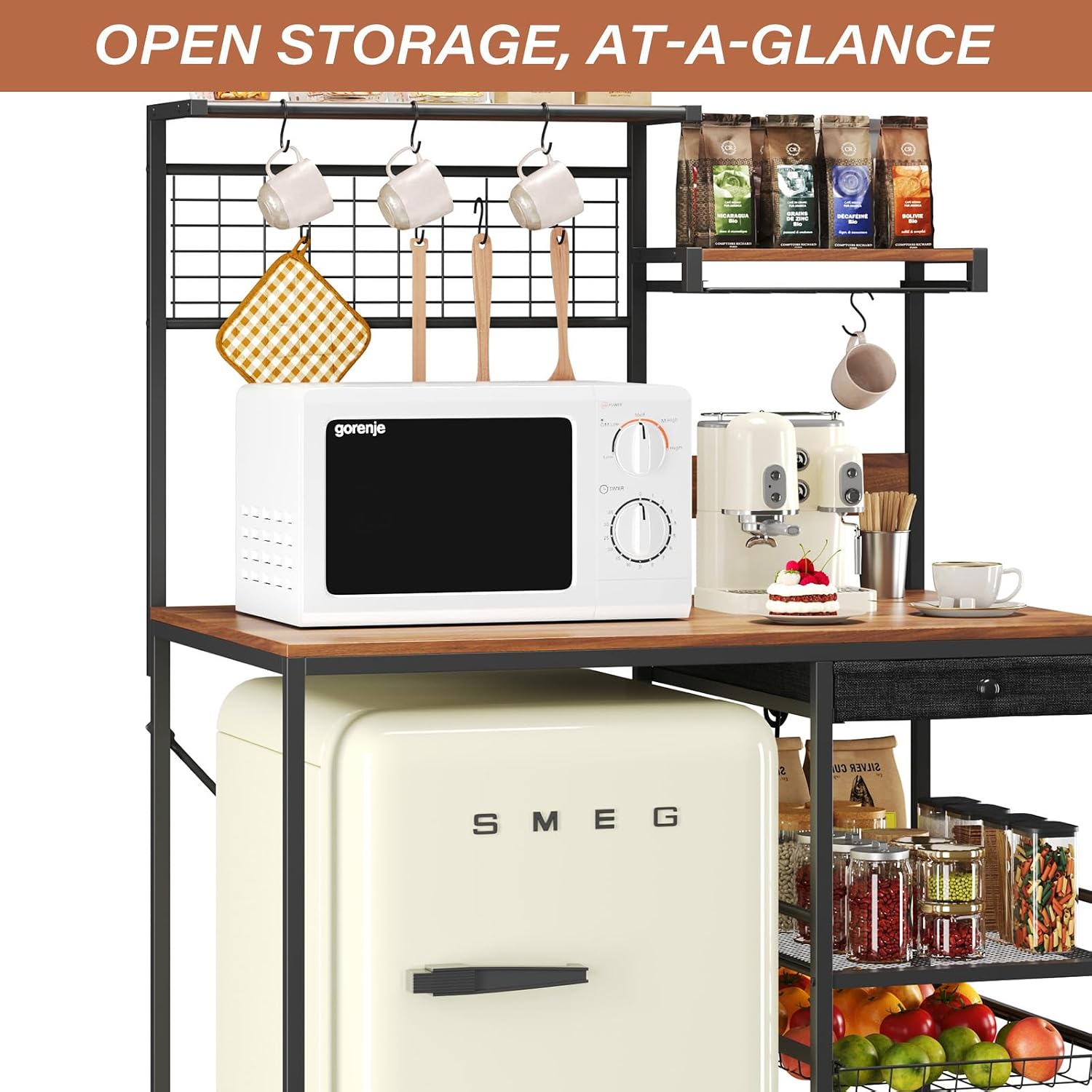 Fixed Kitchen Storage Shelf with Outlets & USB | Heavy Duty Baker's Rack with Pull-Out Basket & Hooks, Holds Microwave, Coffee Maker, Spice Organizer for Pantry, Kitchen, Apartment
