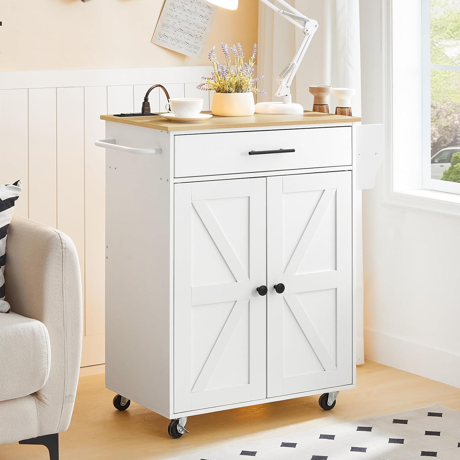 HOOBRO Kitchen Island and Rolling Kitchen Cart with Power Outlet Bundle, Storage Island with Spice Rack and Drawer, for Home WT82UZD01G1-WN88UZD01
