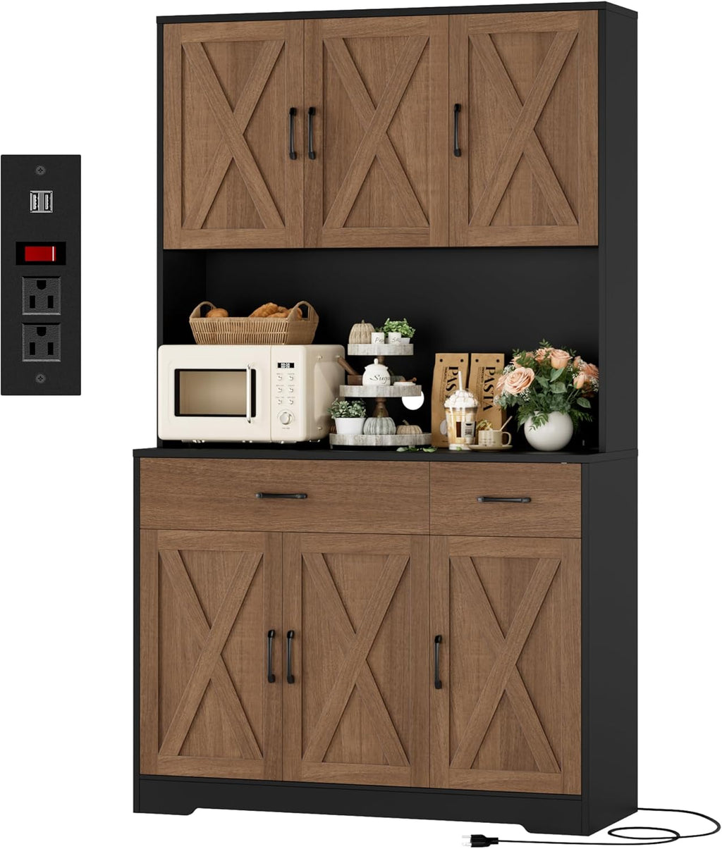 HOSTACK 71' Pantry Cabinet with Charging Station, Tall Kitchen Pantry Storage Cabinet with Microwave Stand, Farmhouse Kitchen Hutch with Storage Drawers for Living Room, Dining Room, Brown/Black