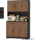 HOSTACK 71' Pantry Cabinet with Charging Station, Tall Kitchen Pantry Storage Cabinet with Microwave Stand, Farmhouse Kitchen Hutch with Storage Drawers for Living Room, Dining Room, Brown/Black