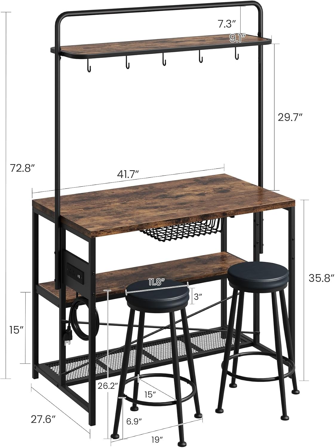 Industrial Kitchen Island Dining Table with Power Outlet – Includes 2 Bar Stools, 3-Tier Storage Shelves, 5 Hooks, Microwave Stand – Multifunctional Coffee Bar for Dining Room, Living Room