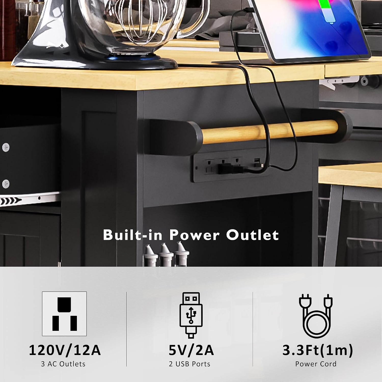 48 inch Rolling Kitchen Island Storage Cart on 5 Wheels with Drop Leaf, 2 Bar Stools, Power Outlet, Door Internal Storage Rack, 5 Open Side Racks, 2 Drawers for Dining Room, Home Bar Black