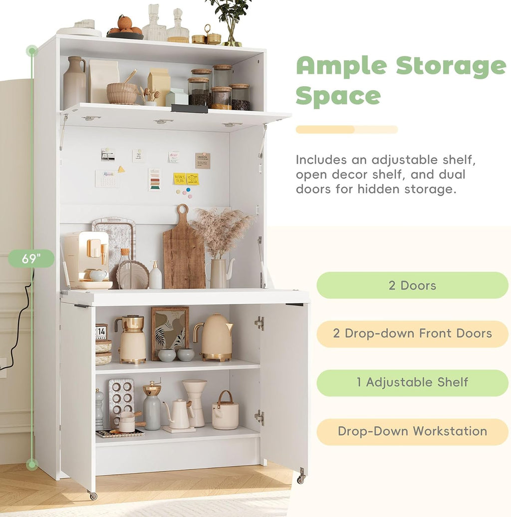 Farmhouse Pantry Cabinet with Foldable Workstation, 69' Tall Buffet with Hutch and Storage, Multifunctional Kitchen Cabinet with Adjustable Shelf and Power Outlet for Dining Room (White)