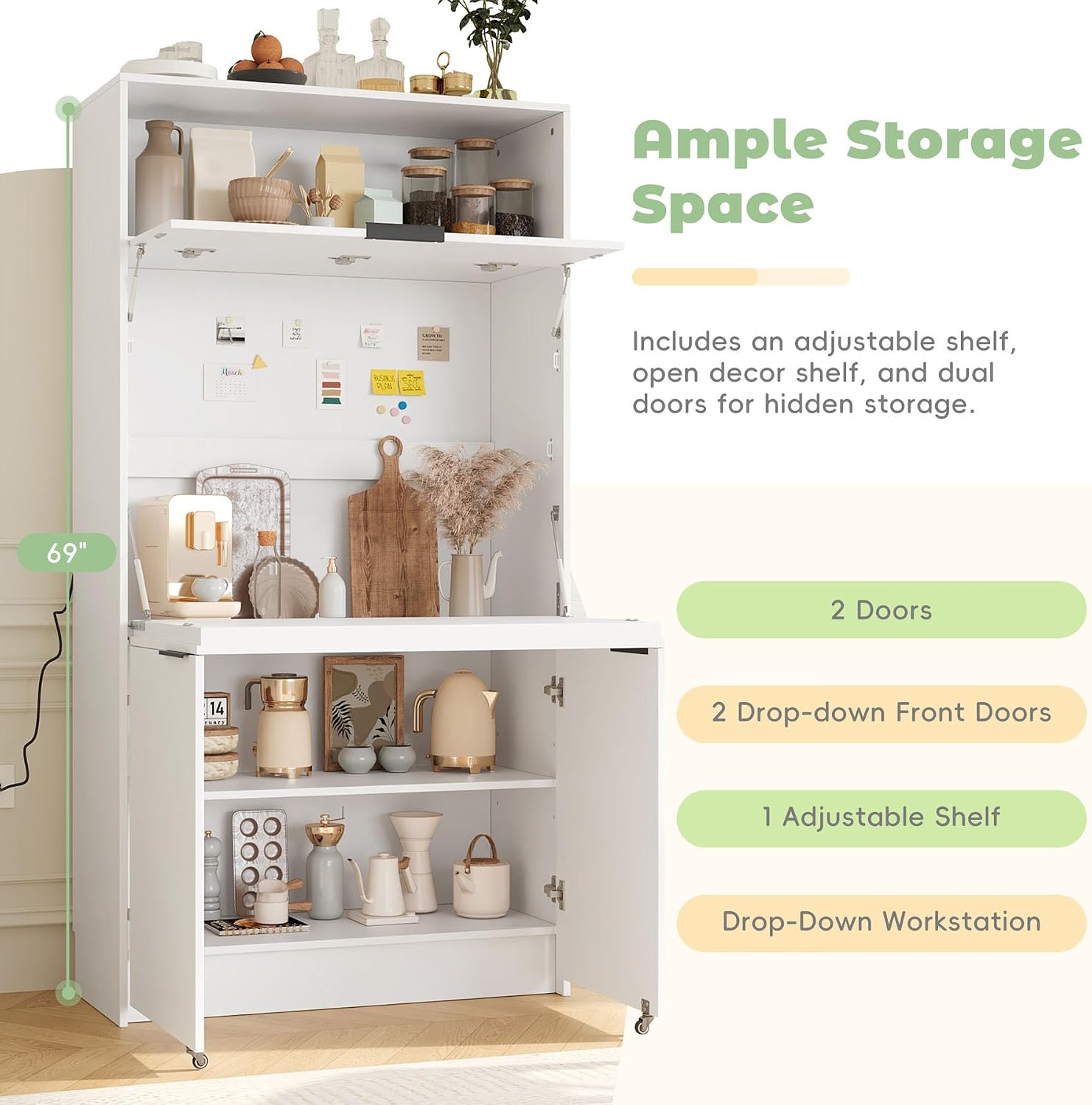 Farmhouse Pantry Cabinet with Foldable Workstation, 69' Tall Buffet with Hutch and Storage, Multifunctional Kitchen Cabinet with Adjustable Shelf and Power Outlet for Dining Room (White)