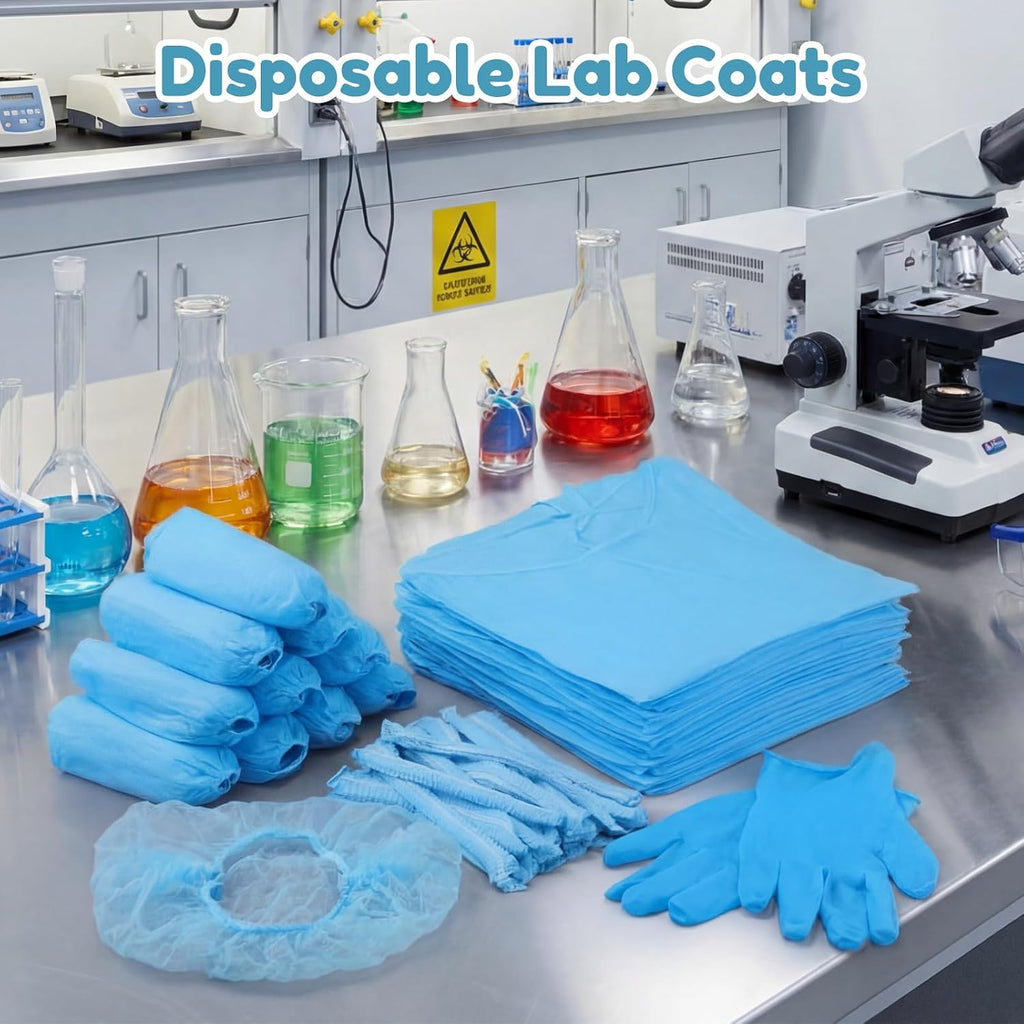 Xuhal Blue Disposable Isolation Ppe Gowns Set Bouffant Caps with Elastic Cuffs Gloves and Shoe Covers for Labs