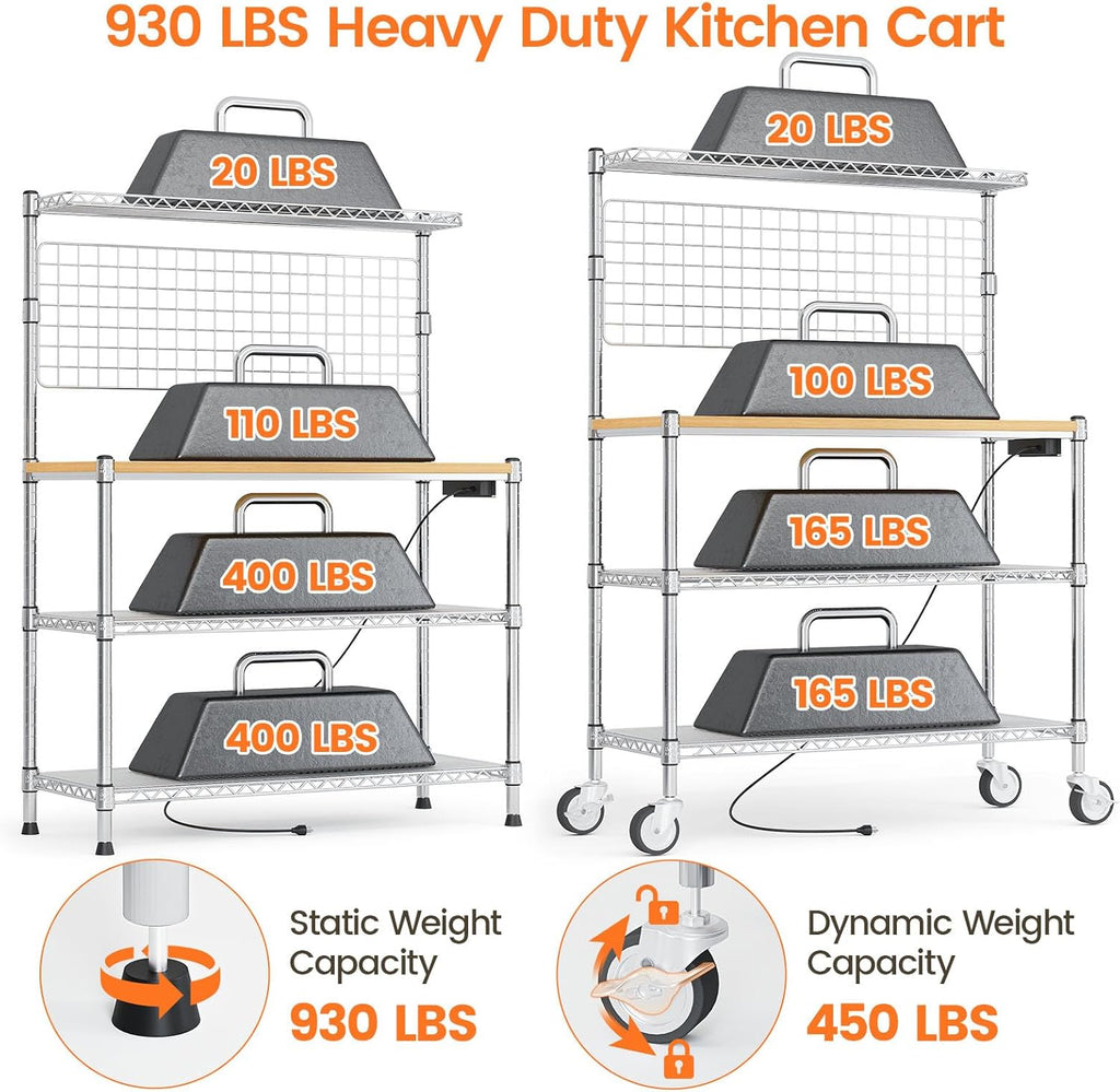 Leteuke Bakers Rack with Power Outlet & Storage, 36 Inch Microwave Stand Kitchen Cart, 4-Tier Metal Kitchen Shelves Cart with Wheels & 20 S-Hooks for Kitchen, NSF Certified, 63 x 18 x 36 Inch-Chrome