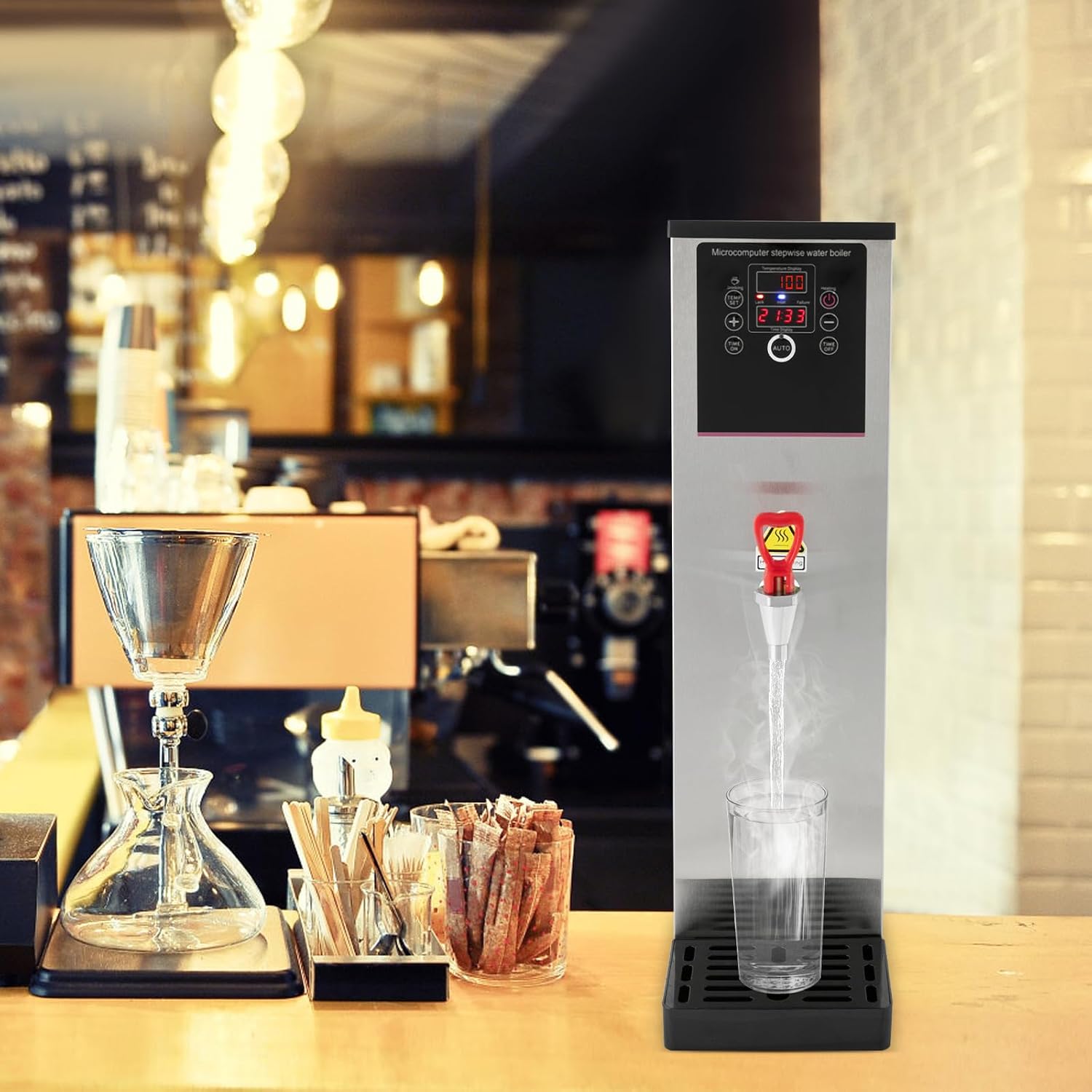 2500W Commercial Hot Water Dispenser, 15L/3.96gal Electric Water Boiler with Drip Tray Digital Display Screen Step-Heating Hot Water Maker for Large Homes Caterers Restaurants, Silver