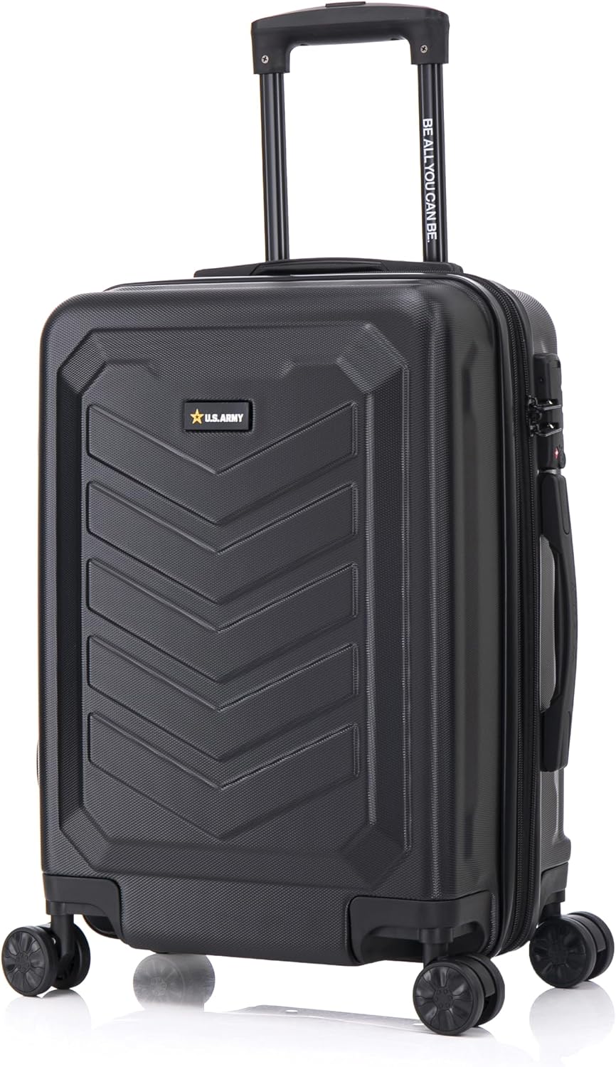 US Army Fox Pro 20 inch Expandable Carry-On Suitcase with TSA Lock for Travel | Lightweight Hardside Luggage with Spinner Wheels, Chevron Icon, Gel Handle, Retractable Trolley, Side Studs | Black