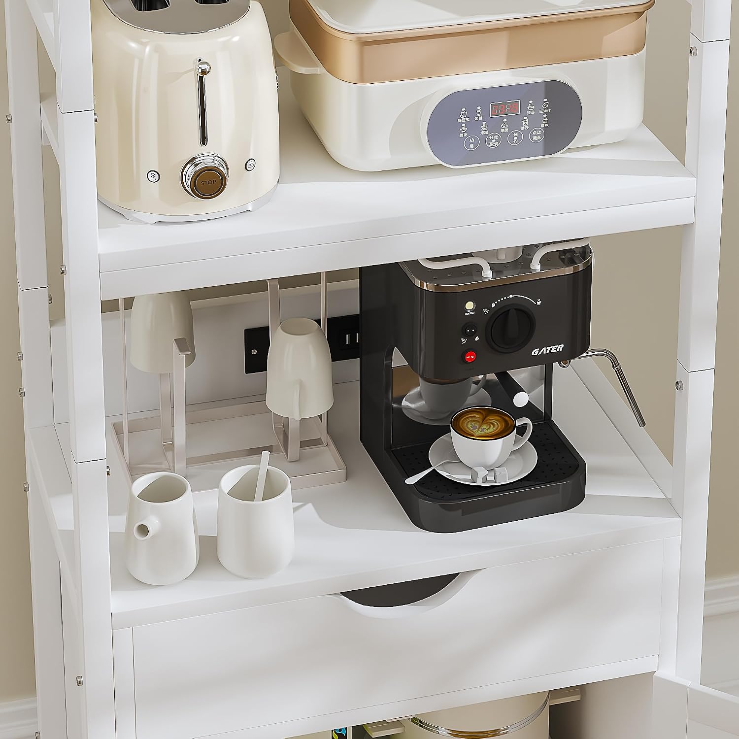 VECELO 3-Tier Microwave Stand with Power Outlet & USB Ports, 15.5' Deep Kitchen Pantry Cabinet, Fits 1.0 Cu.Ft Microwave, Farmhouse Coffee Bar Storage for Kitchen, Bright White