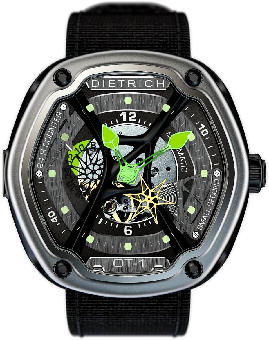 Dietrich Men's OT-1 Automatic Mechanical Watch, 46mm 316L Stainless Steel Case, Sapphire Crystal, 5 ATM Water Resistance, Black PVD Coating, Luminescent Numbers
