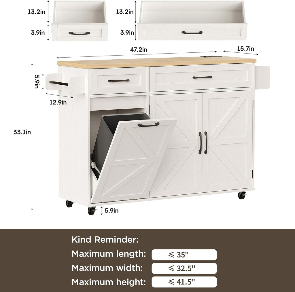 Halitaa Kitchen Island with Tilt Out Trash Can Cabinet and Power Outlet, Kitchen Rolling Island with Spice Rack, Towel Rack and 2 Drawers, Kitchen Island Cart, White