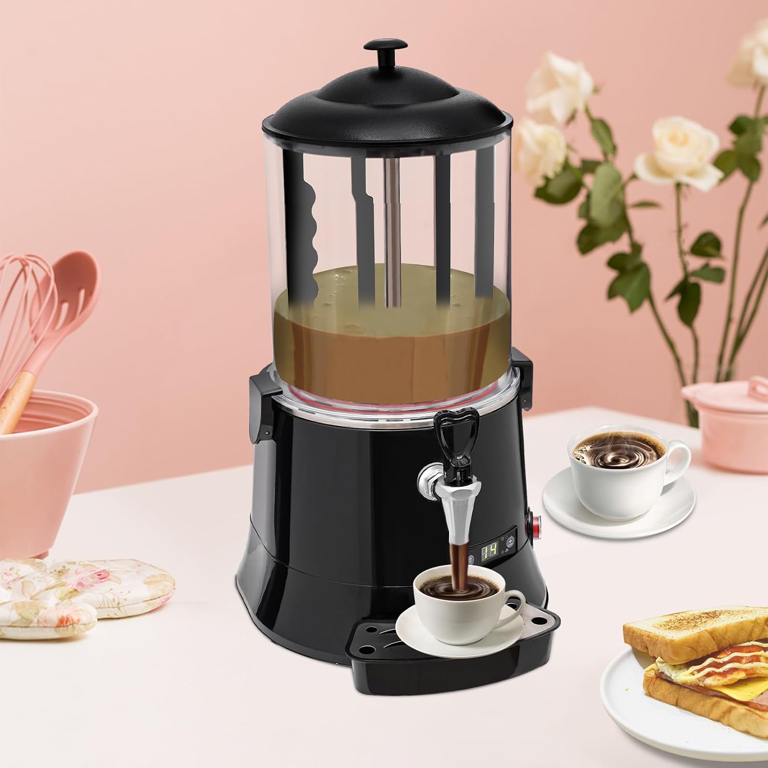 10LHot Chocolate Machine & Commercial Hot Drink Dispenser, Electric Beverage Warmer with 86-194°F Intelligent Temperature Control, Multi-Function Dispenser for Cocoa Milk Coffee and Tea