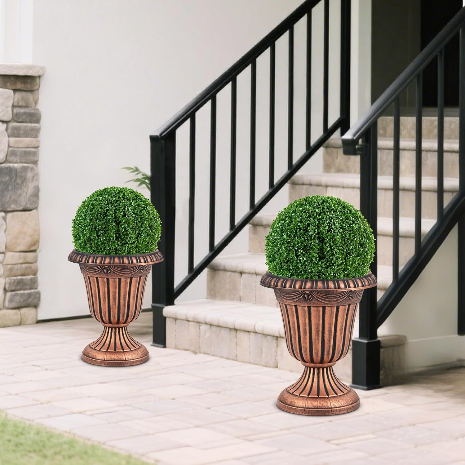 Giantex 18' Tall Vintage Planters Set of 4, Urn Plastic Flower Pots with/Pedestal Base & Pre-Marked Drain Hole, Indoor Outdoor Decorative Plant Containers for Front Porch Home Wedding (Bronze)