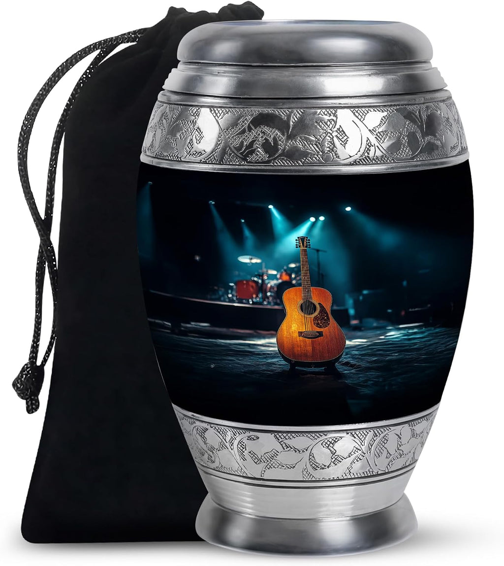 Guitar Urn - Memorial Urn - Secure Lid - Burial Urns - Urns for Adult Male Small - Hand Engraved - 10 inch