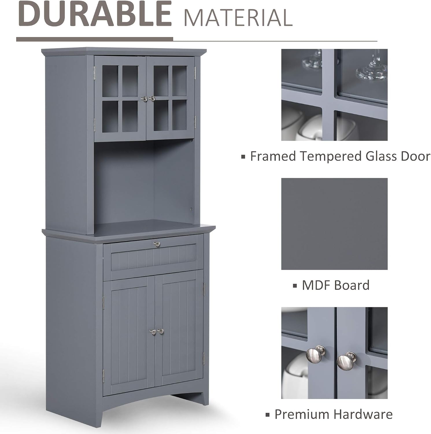 HOMCOM Elegant Buffet with Hutch, Kitchen Pantry Storage Cabinet with Framed Glass Door Drawer and Microwave Space for Dining Room, Living Room, Gray