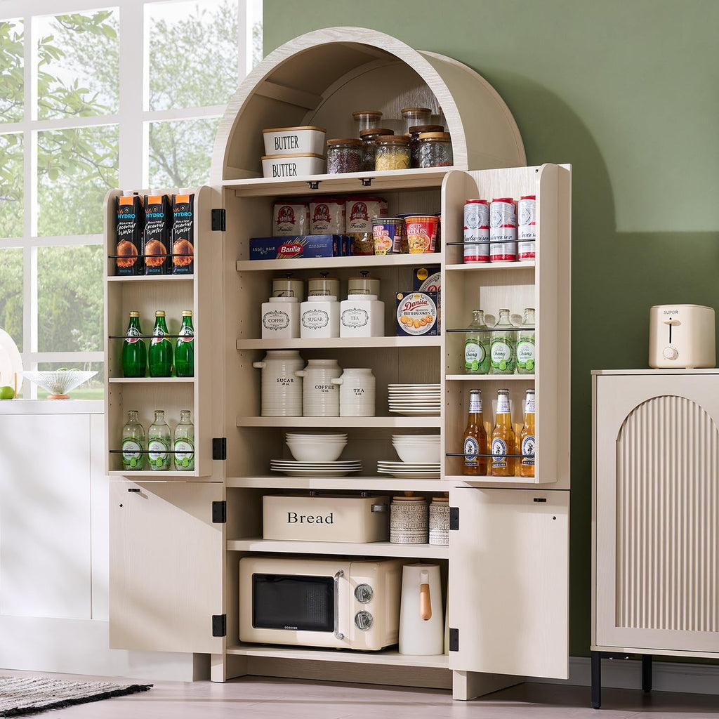 IFGET 71' Tall Arched Kitchen Pantry, Modern Fluted Wood Storage Cabinet with Doors, 3 Adjustable Shelves, 6 Door Shelves, Organizer, Versatile Cupboard for Kitchen, Bathroom, Cream