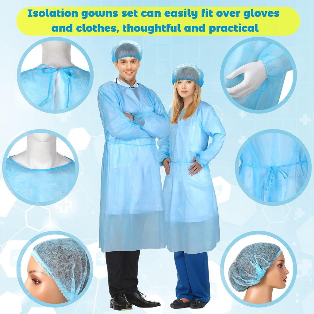 Xuhal 300 Pack Disposable Isolation Gowns PPE Gowns Disposable Bulk Fully Closed Double Tie Back Elastic Cuffs for Home Isolation, Labs, Dental, Beauty Agencies, Tattoo Practices, Unisex (Blue)