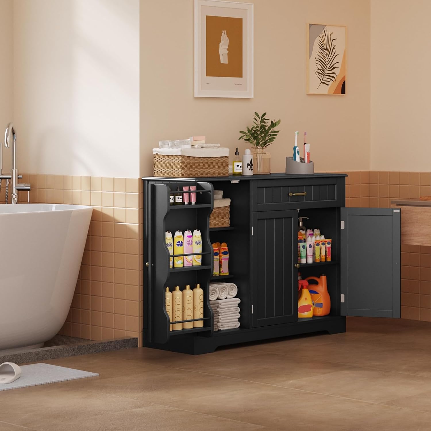 Gizoon Kitchen Sideboard Buffet Cabinet with Storage Small Coffee Bar Cabinet with Drawer, Kitchen Pantry Storage Cabinet with Door and Shelves for Bathroom and Living Room, Black, Painted