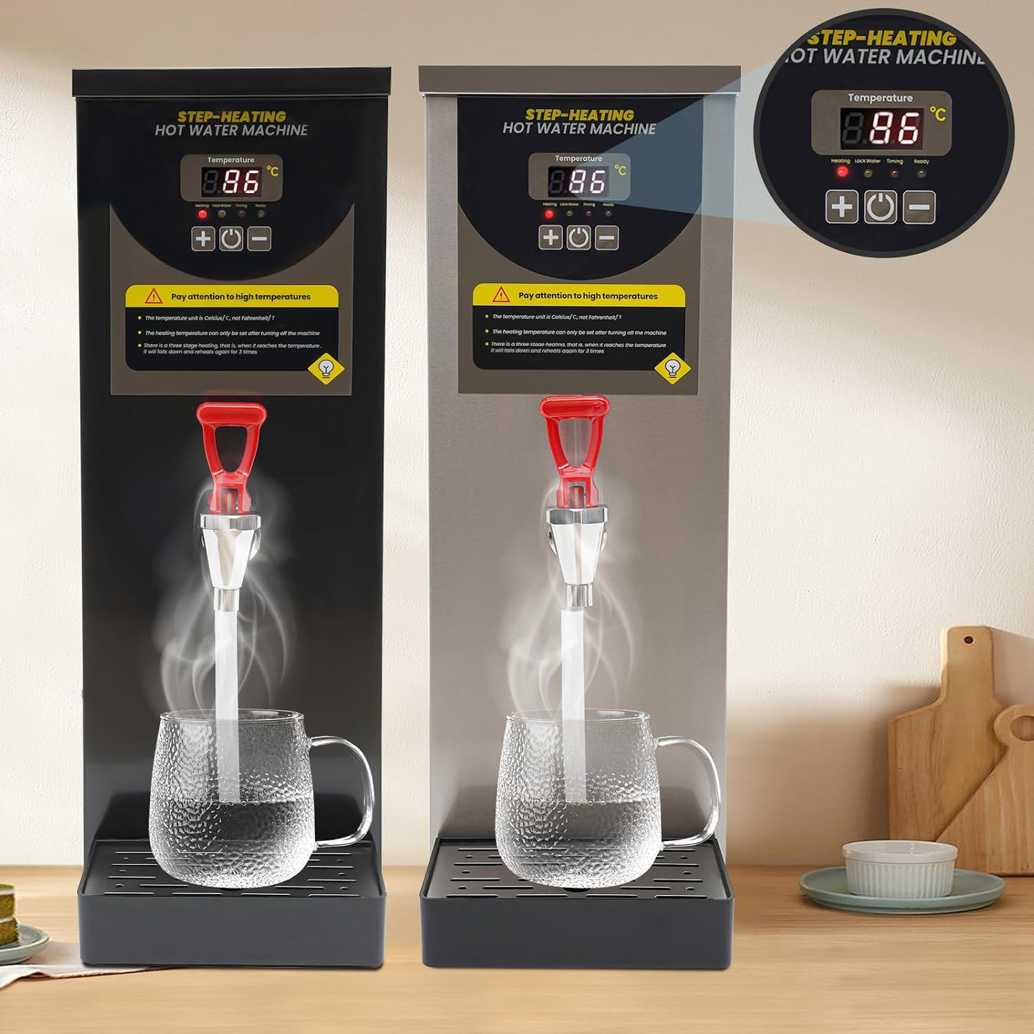 Water Boiler, Step-Heating Commercial Hot Water Dispenser, Adjustable Temperatures Water Boiler and Warmer, Large Capacity 35L/H, for Tea Boba Tea Milk Tea Restaurant Hotel (Black)