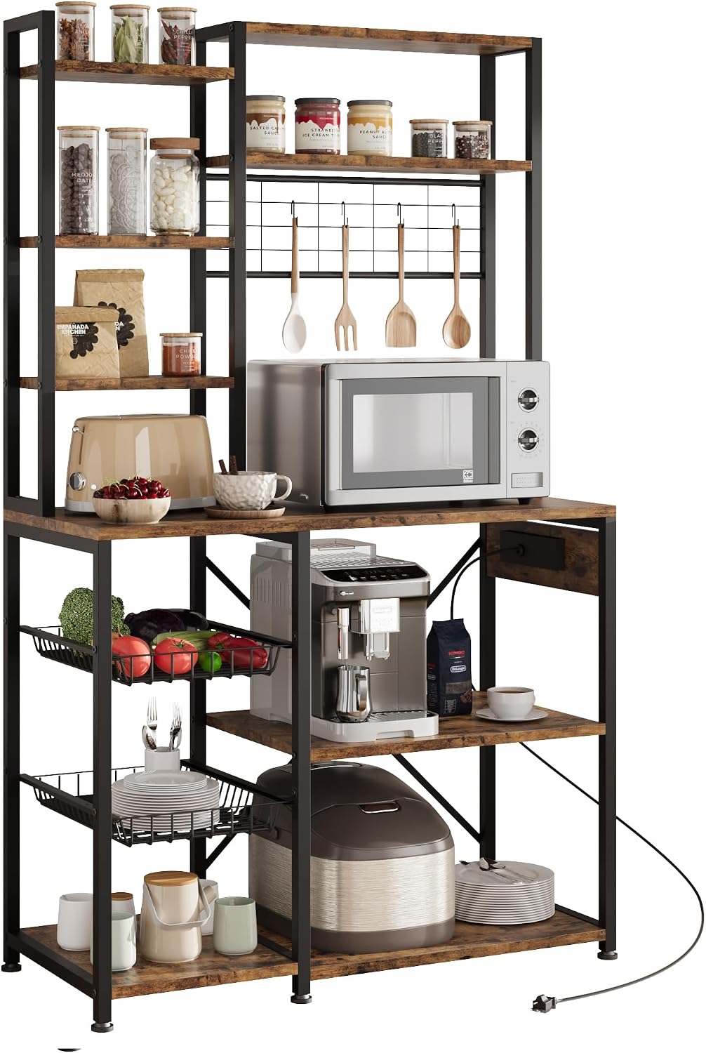 GAOMON 7-Tier Bakers Rack, Industrial Microwave Stand with 2 Metal Wire Baskets & Power Strip, Coffee Bar Organizer with Large Storage Shelves for Pots & Dishes, Kitchen Storage Rack, Brown