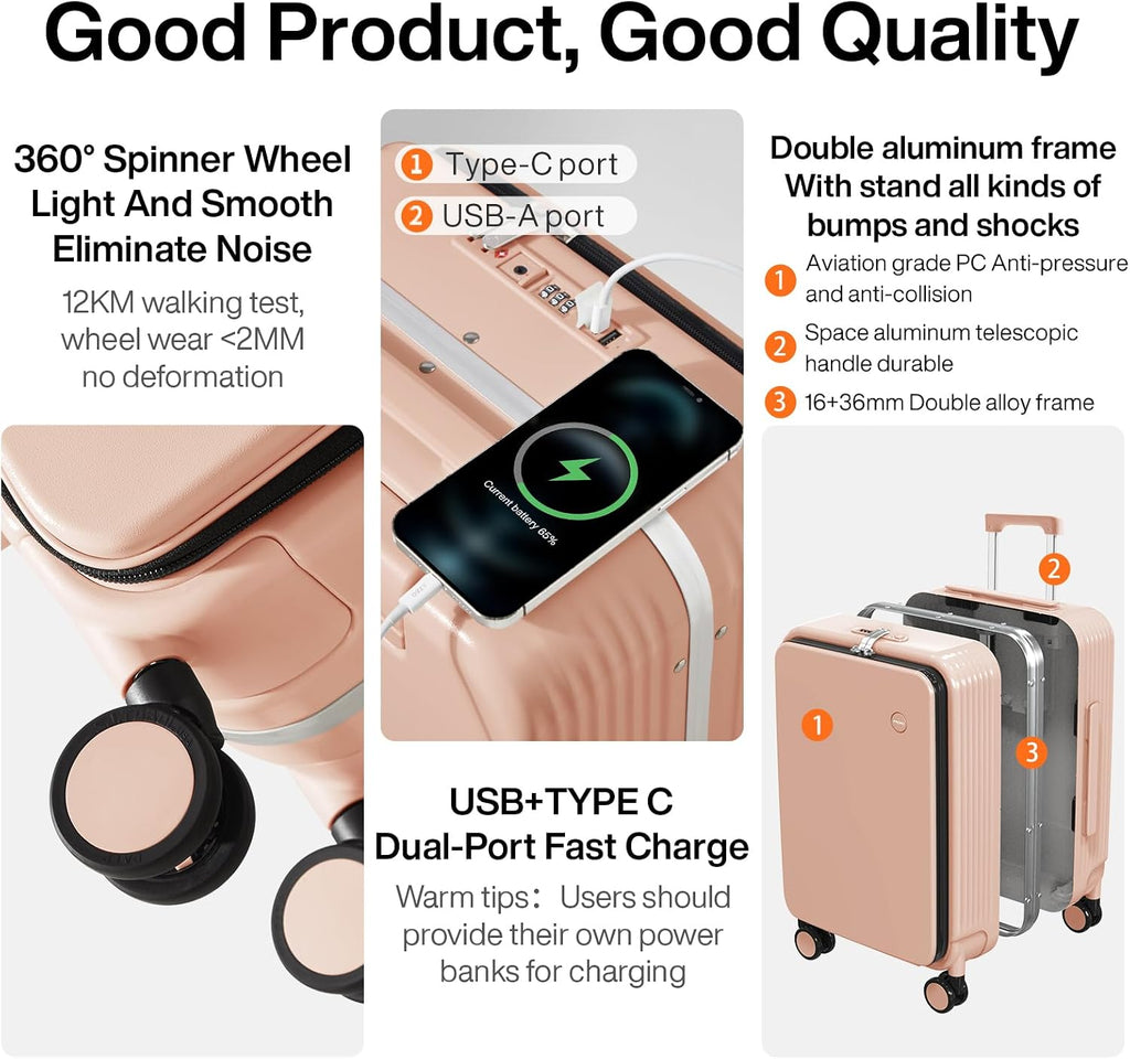 mixi Large Checked Luggage with Cup Phone Holder and Charger Hard Shell Suitcases with Spinner Wheels, 26 Inch Light Pink