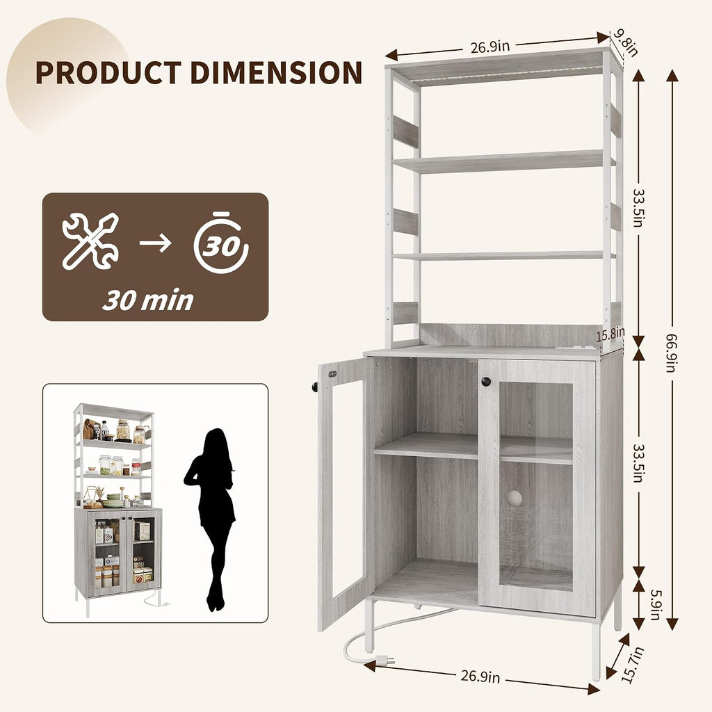 Takywep Coffee Bar Cabinet, Kitchen Bakers Rack + Power Outlet, Pantry Cabinet + RGB LED Lights + Music Sync, Display Cabinet + Glass Doors + Adjustable Shelves, 66.9' h，Gray