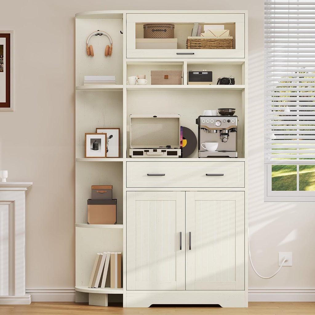 YITAHOME Kitchen Pantry Storage Cabinet, 67' Tall Kitchen Hutch with Outlet & Door & Shelves & Drawer, Farmhouse Wooden Microwave Stand Buffet Coffee Bar for Home Living Dining Room, Off-White