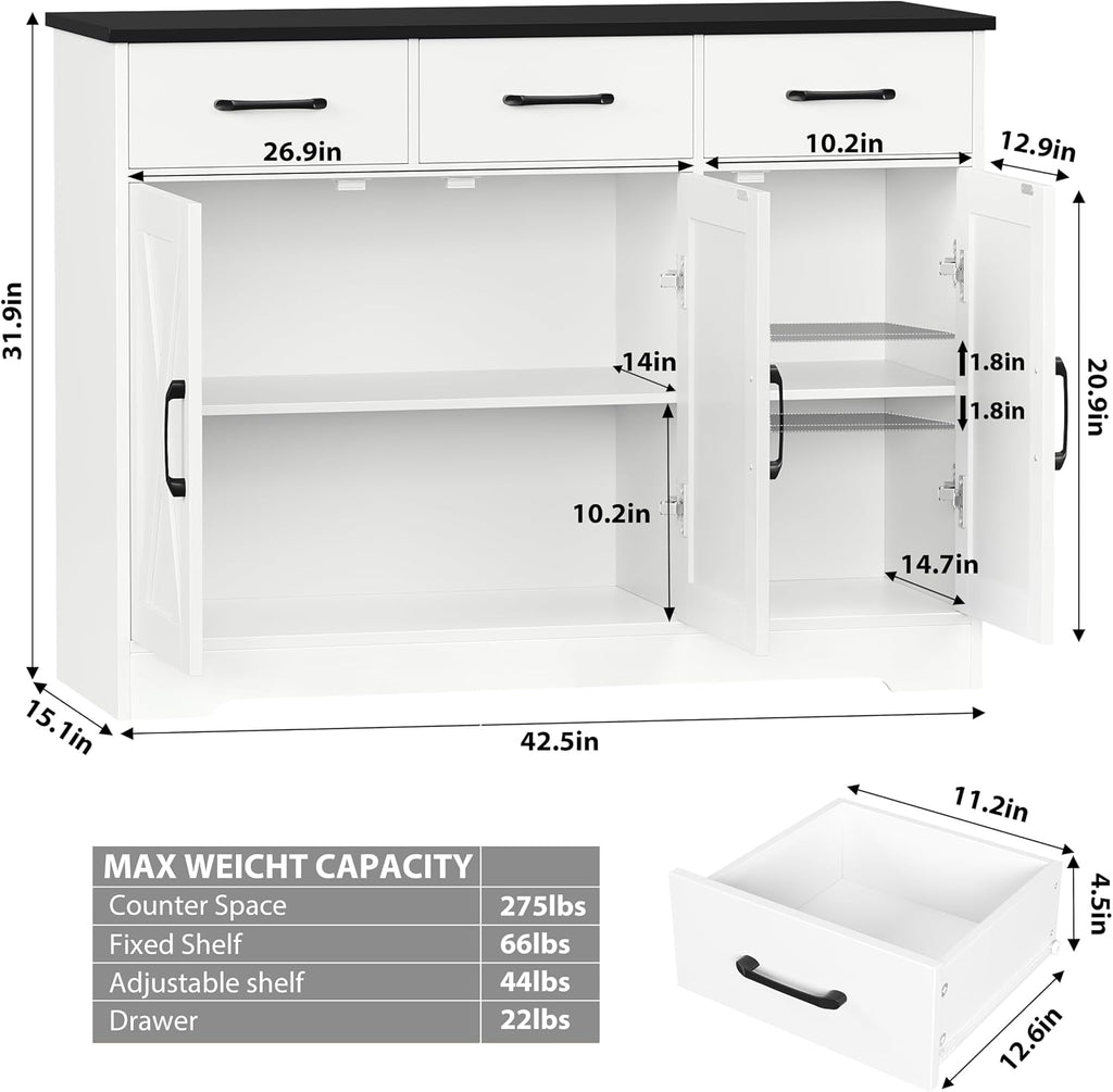 HOSTACK Modern Farmhouse Buffet Sideboard Cabinet, Barn Doors Storage Cabinet with Drawers and Shelves, Wood Coffee Bar with Storage for Dining Room, Kitchen, Living Room, White/Black