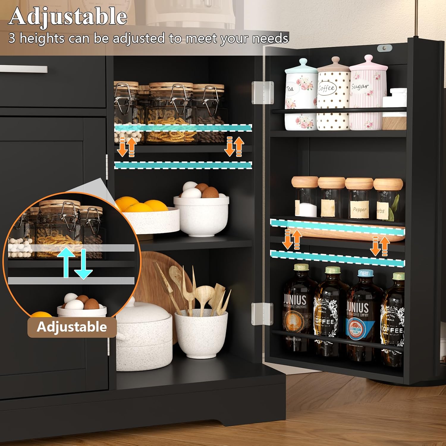 Tall Pantry Cabinet, Modern Kitchen Hutch with Microwave Stand, Kitchen Pantry Storage Cabinet with 2 Darwers & Door Shelf, Food Pantry with Goblet Holders & Adjustable Shelves for Dining Room, Black