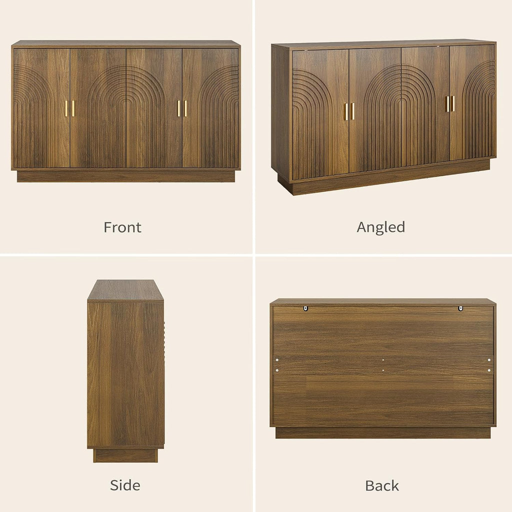 Fluted Sideboard Buffet Cabinet with Storage - 57' Credenza Coffee Bar Cabinet with 4 Doors, Accent Kitchen Storage Cabinets with Adjustable Shelves for Living Room & Kitchen, Entryway, Walnut