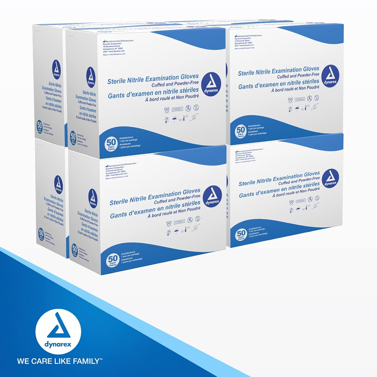 Dynarex Sterile Disposable Nitrile Exam Gloves, Powder-Free, Sterilely Packaged in Pairs, Textured Palms, Blue, Small, 1 Case - 8 Boxes of 50 Pairs