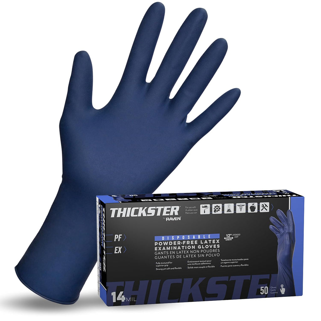 SAS Thickster Exam Grade Latex Gloves 2XL, 12' Length Powder-Free 14 Mil Puncture Resistant, Disposable Heavy Duty Work Gloves, Mechanic, Janitorial & Cleaning Supplies, 10 Boxes of 50-500 Count