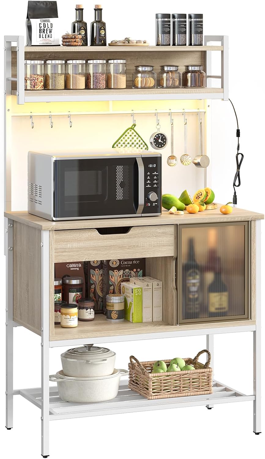 Bestier Bakers Rack with LED Lights, 6 Tier Microwave Stand with Storage Drawer Cabinet, Kitchen Coffee Bar Table with 8 Hooks, Heavy Duty Storage Shelves for Kitchen Garage Pantry(Oak Light)