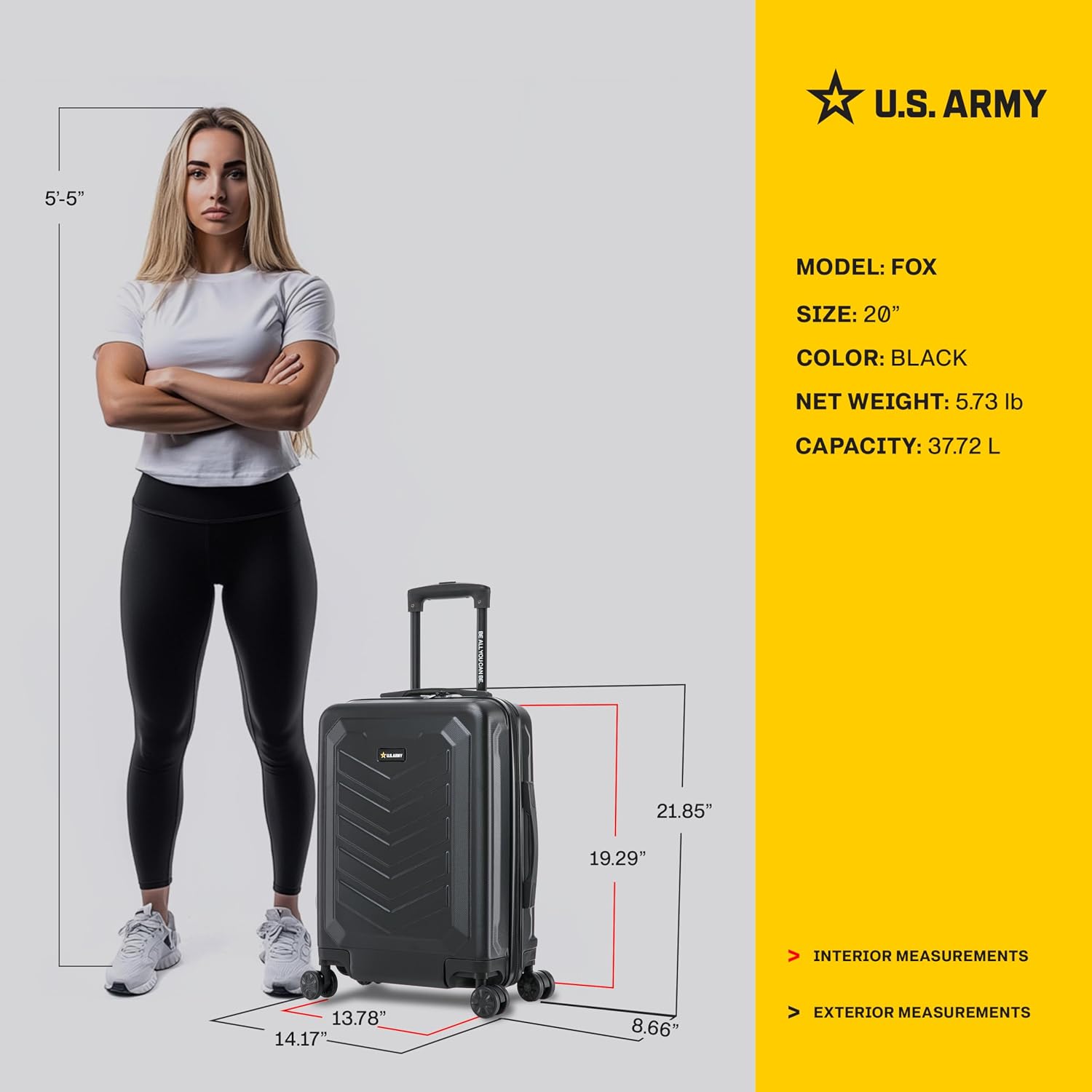 US Army Fox 20 inch Carry-On Hardside Luggage with Spinner Wheels | Lightweight Small Suitcase for Travel | Chevron Icon, Gel Handle, Side Studs, Retractable Trolley, Heavy Duty | Black