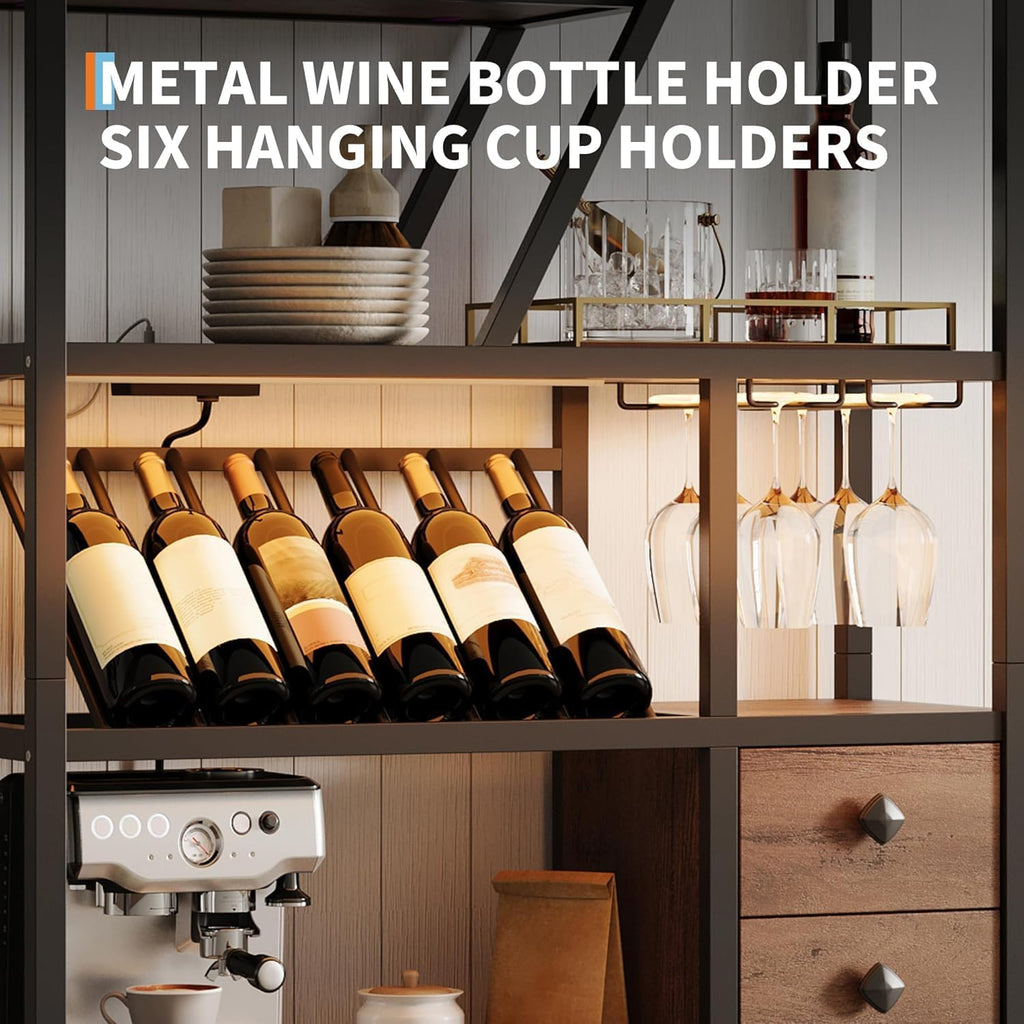Bakers Rack - Power Outlet & LED Light, Microwave Stand with Storage, Farmhouse Coffee Bar Cabinet Station with Wine Rack, Goblet Holder, and Kitchen Dining Room Use.