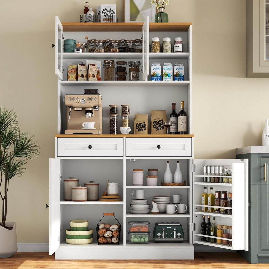 Tall Pantry Cabinet, Modern Kitchen Hutch with Microwave Stand, Kitchen Pantry Storage Cabinet with 2 Darwers & Door Shelf, Food Pantry with Glass Doors & Adjustable Shelves for Dining Room, White