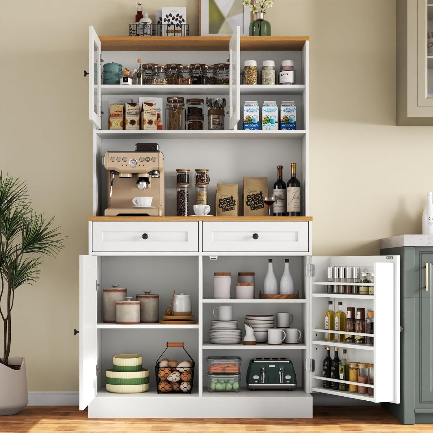 Tall Pantry Cabinet, Modern Kitchen Hutch with Microwave Stand, Kitchen Pantry Storage Cabinet with 2 Darwers & Door Shelf, Food Pantry with Glass Doors & Adjustable Shelves for Dining Room, White