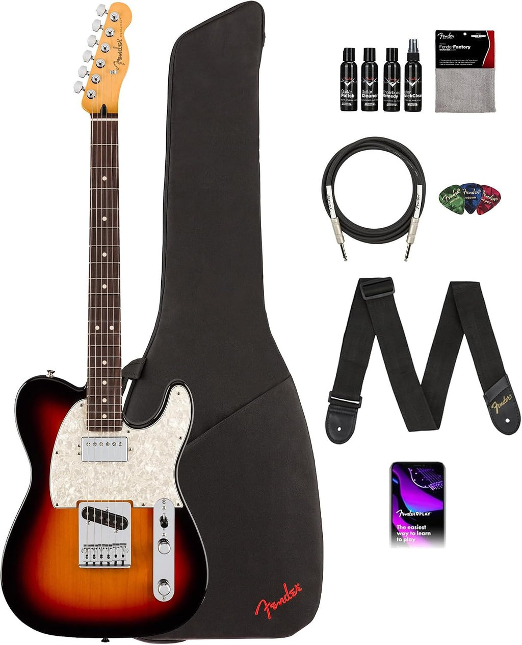 Fender Player II Modified Telecaster SH - 3-Tone Sunburst Bundle with Gig Bag, Strap, Cable, 3-Pack Picks, and Guitar Cleaning Kit