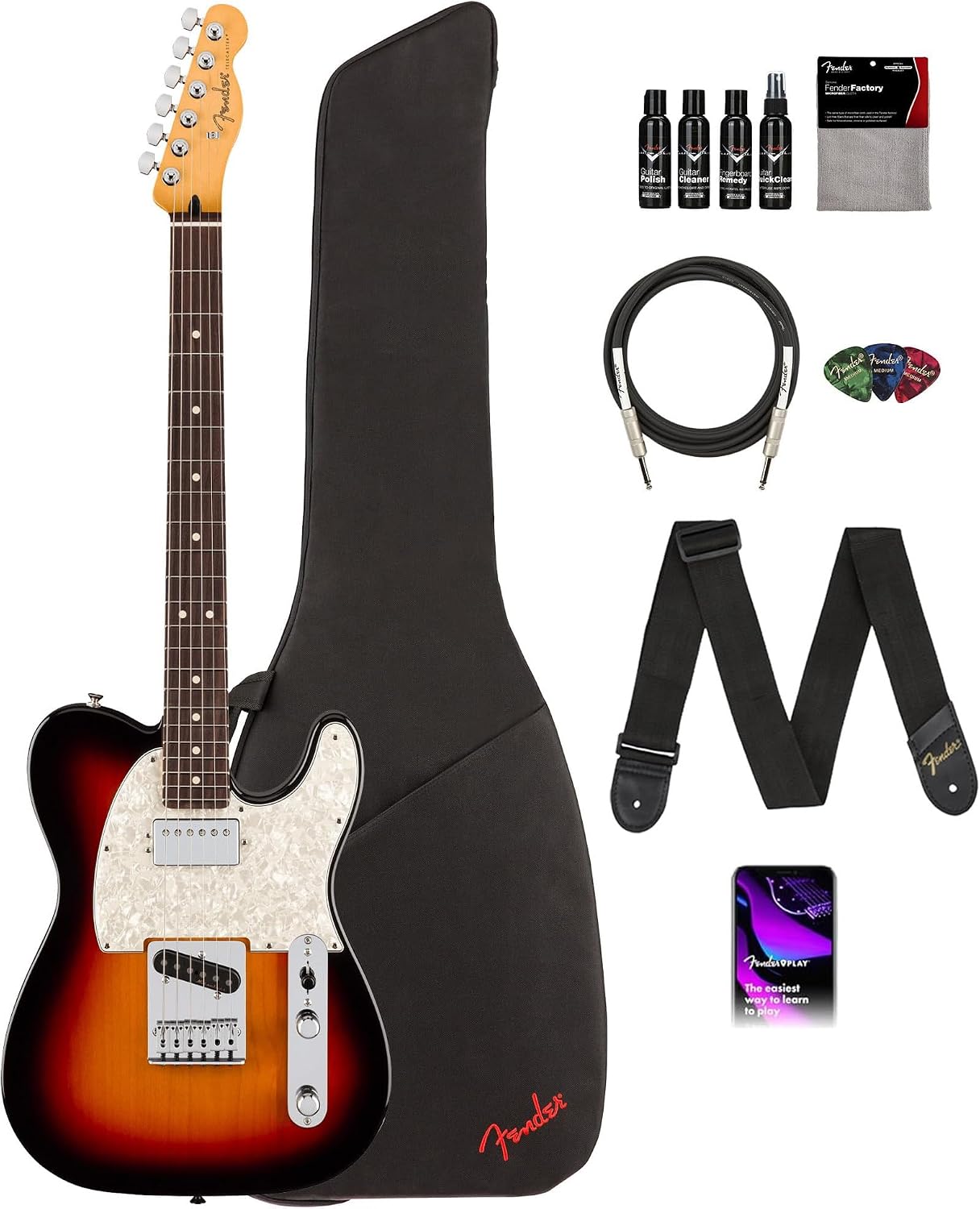 Fender Player II Modified Telecaster SH - 3-Tone Sunburst Bundle with Gig Bag, Strap, Cable, 3-Pack Picks, and Guitar Cleaning Kit