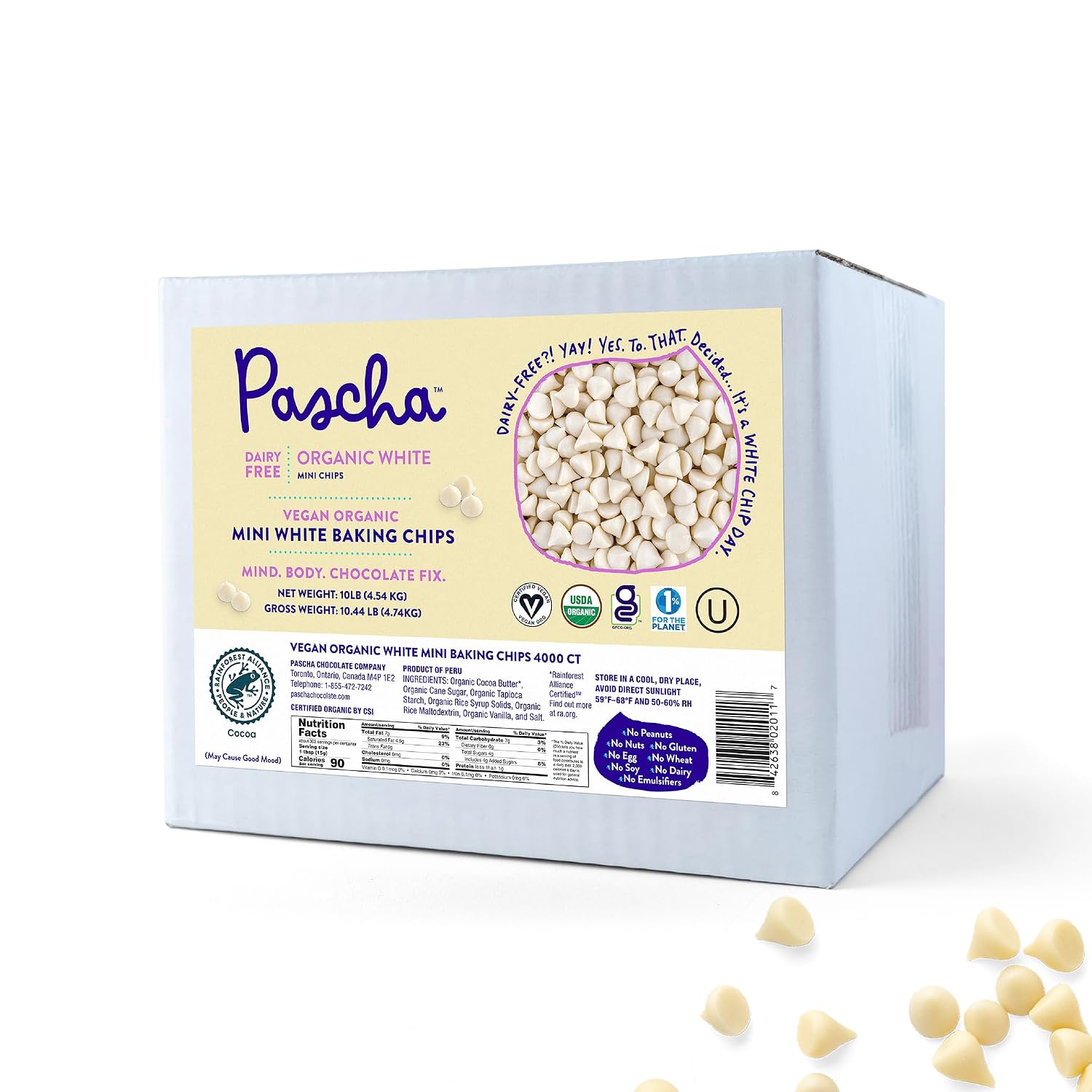 Pascha Organic Vegan White Mini Baking Chips - Dairy-Free Alternative - Rice-Based Bulk Baking Chocolate - Allergen-Free & Plant-Based - Rainforest Alliance Certified Cocoa Butter, (10 lbs)