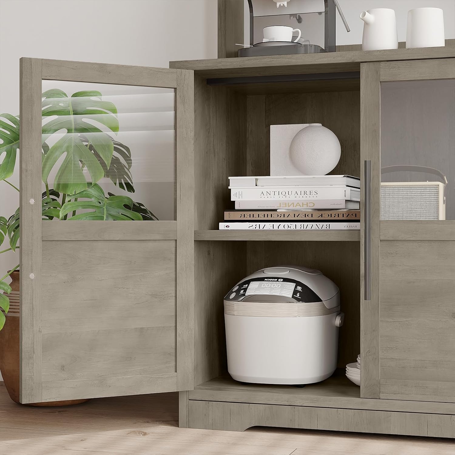 Microwave Stand & Coffee Bar Cabinet | 6-Tier Kitchen Bakers Rack with Storage, Power Outlet, and Glass Doors | Freestanding Tall Wooden Hutch for Dining Room Organization