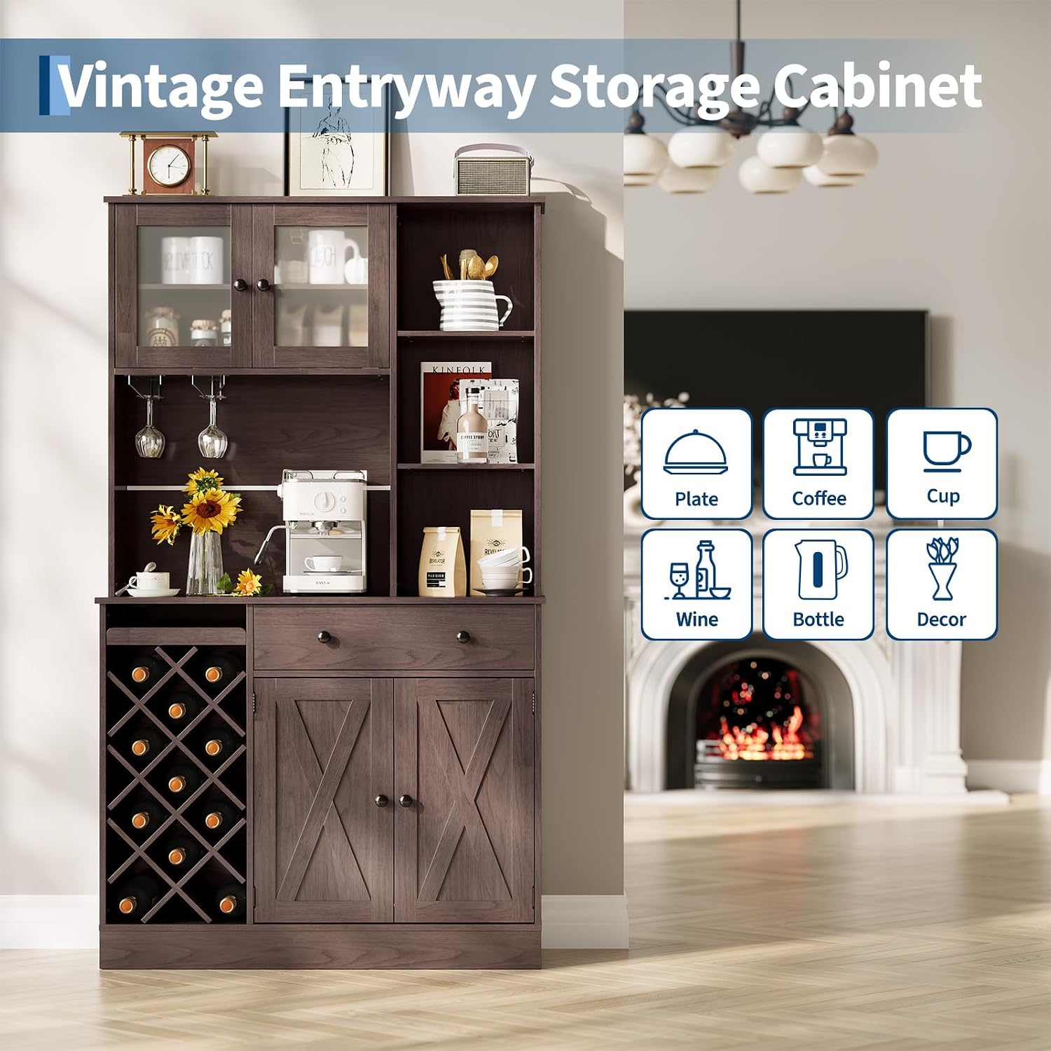 Coffee Bar Cabinet with Power Outlet & Exquisite Barn Doors, Sideboard Buffet Cabinet with Wine Bottle Rack, Storage Cabinet for Kitchen, Dining Room
