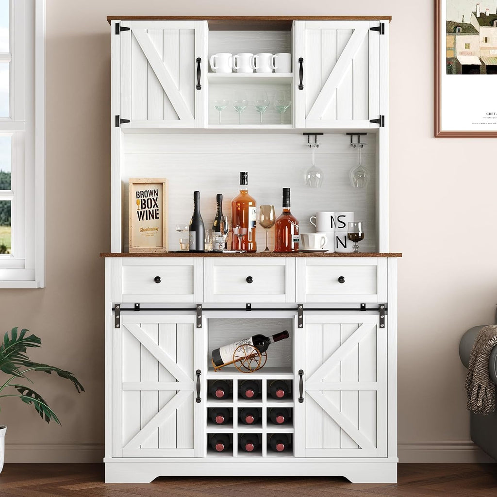 Farmhouse Coffee Bar Cabinet with Wine Rack, 72' Tall Kitchen Storage Cabinet with 3 Drawers, 9-Bottle Wine Holder, 6 Hooks, Sliding Barn Doors and Adjustable Shelves, for Dining Room, White