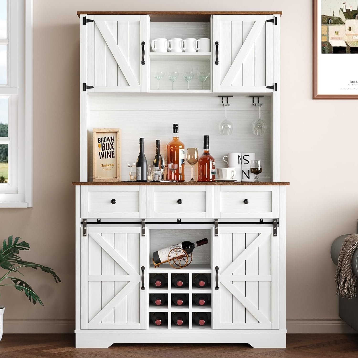 Farmhouse Coffee Bar Cabinet with Wine Rack, 72' Tall Kitchen Storage Cabinet with 3 Drawers, 9-Bottle Wine Holder, 6 Hooks, Sliding Barn Doors and Adjustable Shelves, for Dining Room, White