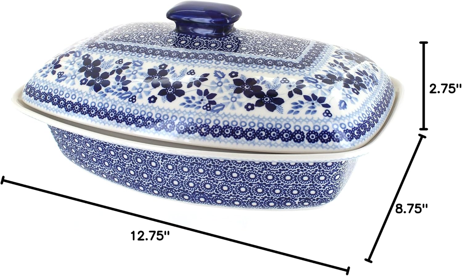 Blue Rose Polish Pottery - Vintage Blue Daisy Covered Baker - 2 QT Capacity - Unique, Dishwasher Safe, & Durable Bakeware