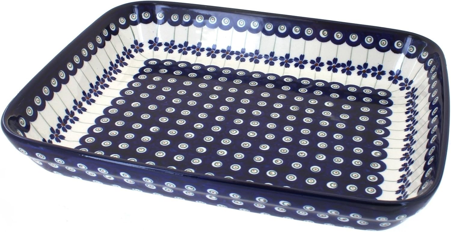 Blue Rose Polish Pottery - Blue Flowering Peacock Medium Rectangular Baker - 12' x 9.75' - Unique, Dishwasher Safe, & Durable Bakeware
