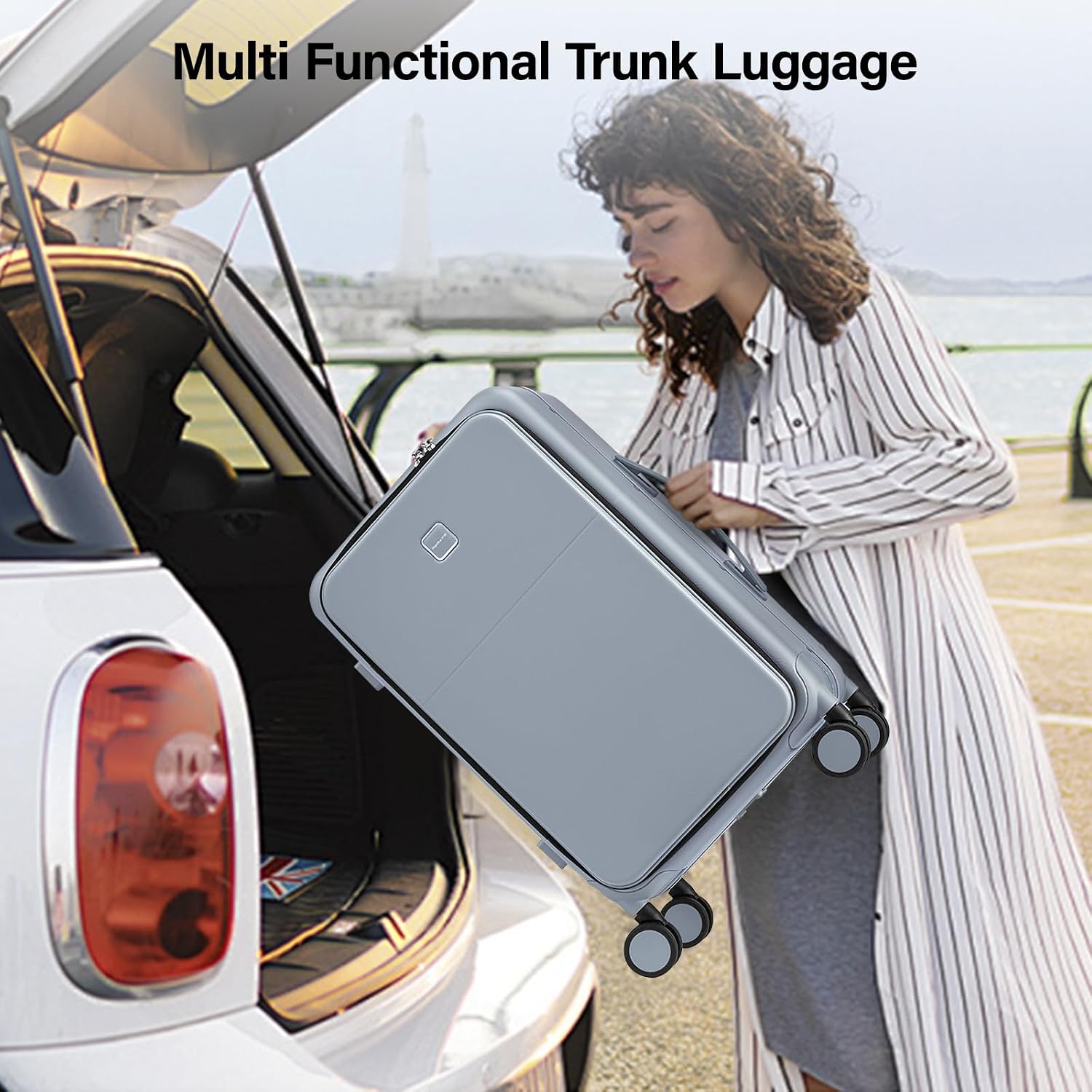 Hanke 24 Inch Checked Luggage with Cup Holder and USB Ports,Top Opening Hard Shell Suitcase with Wheels,Aluminum Frame Trunk Luggage with Foldable Dividers & TSA Lock for Travel, Gray