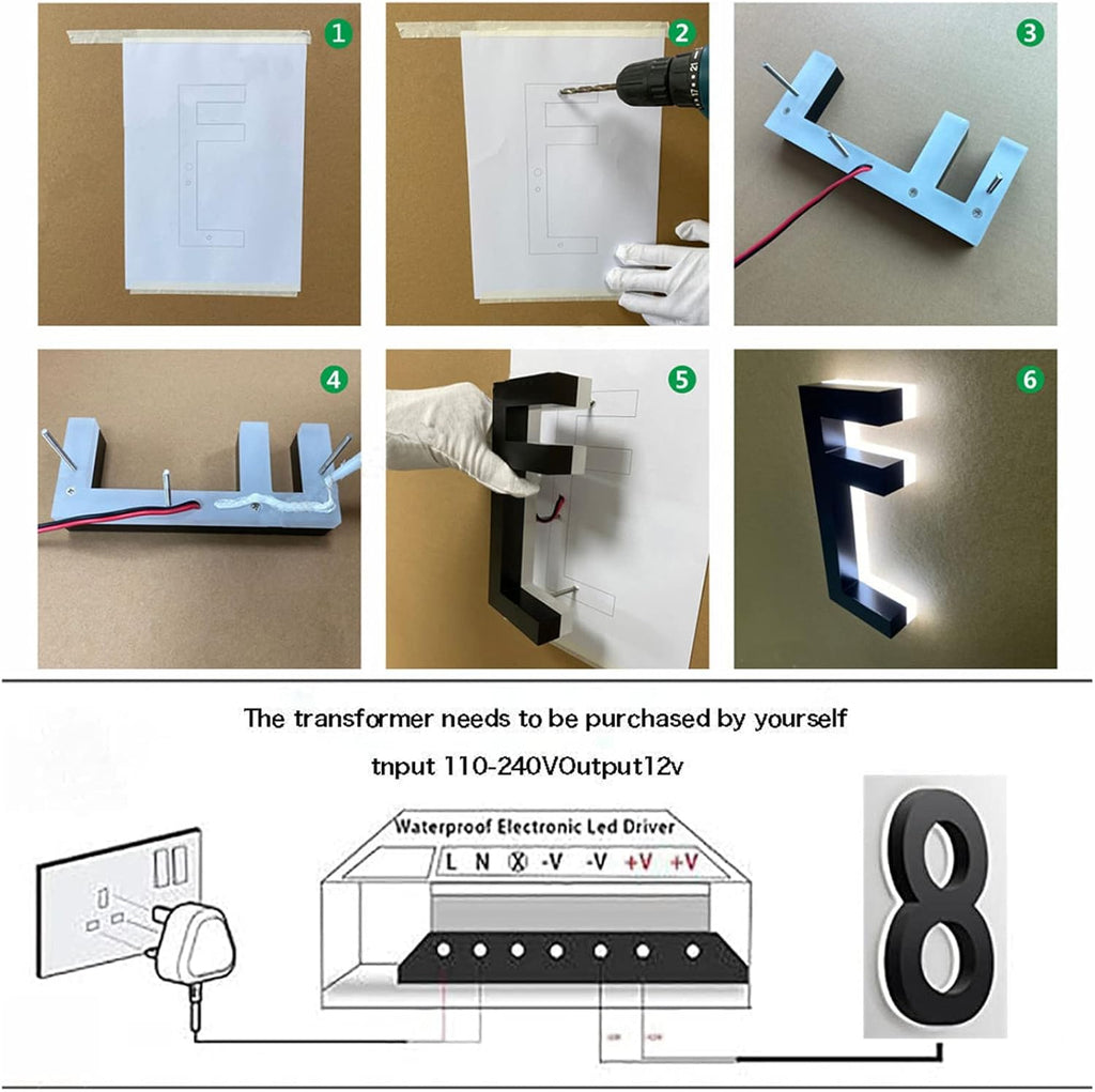 Modern Illuminated Address Numbers, 14' Backlit Floating LED House Number For Outside, Stainless Steel Light Up Home Address Number With Nail Kit,W