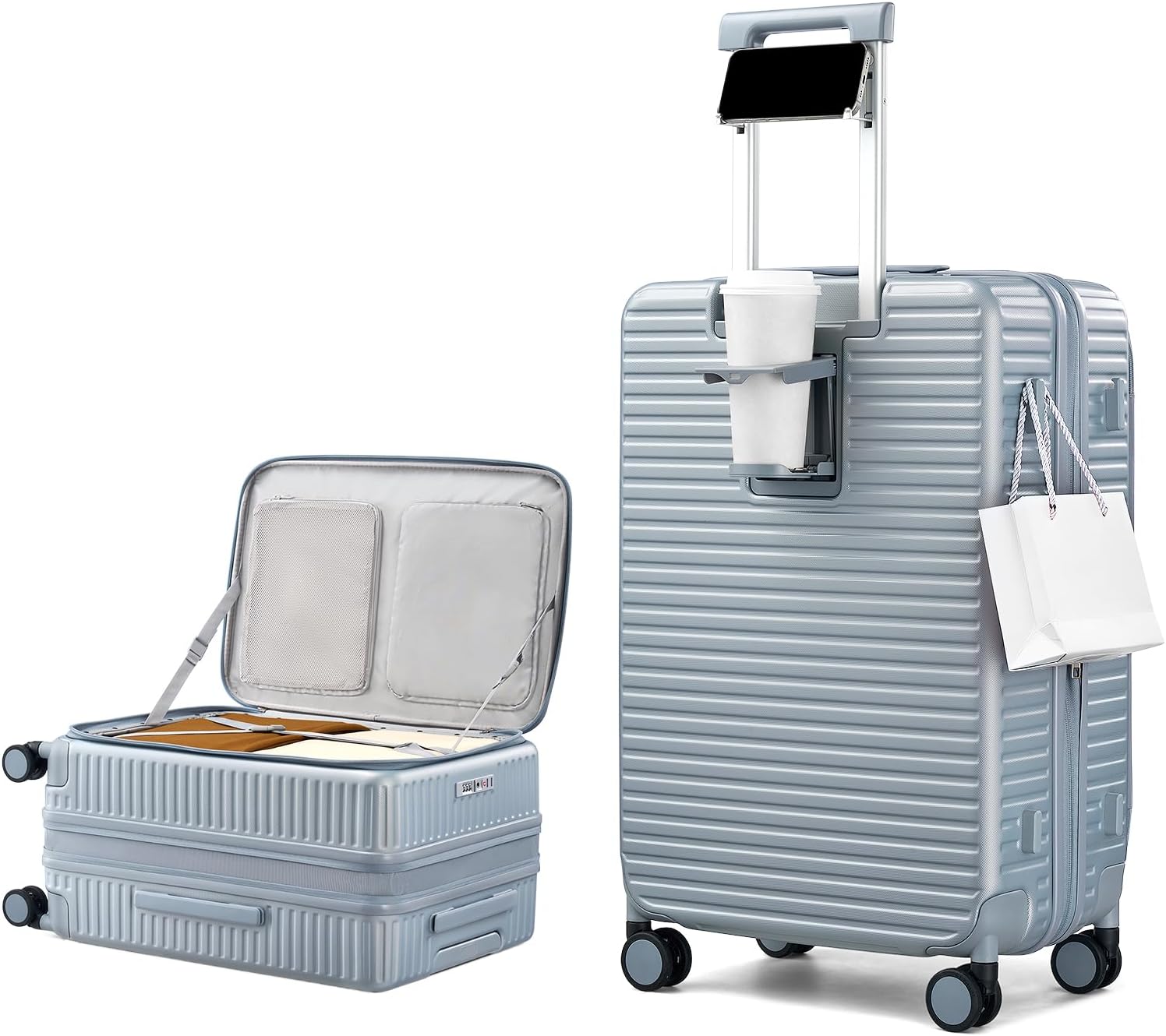 HanTrip Hard Shell Suitcases 24 Inch Check in Luggage with Spinner Wheels Cup Holder, Lightweight Top Opening Expandable Luggage Hard Case Rolling Medium Checked Suitcase with Lock, Silver
