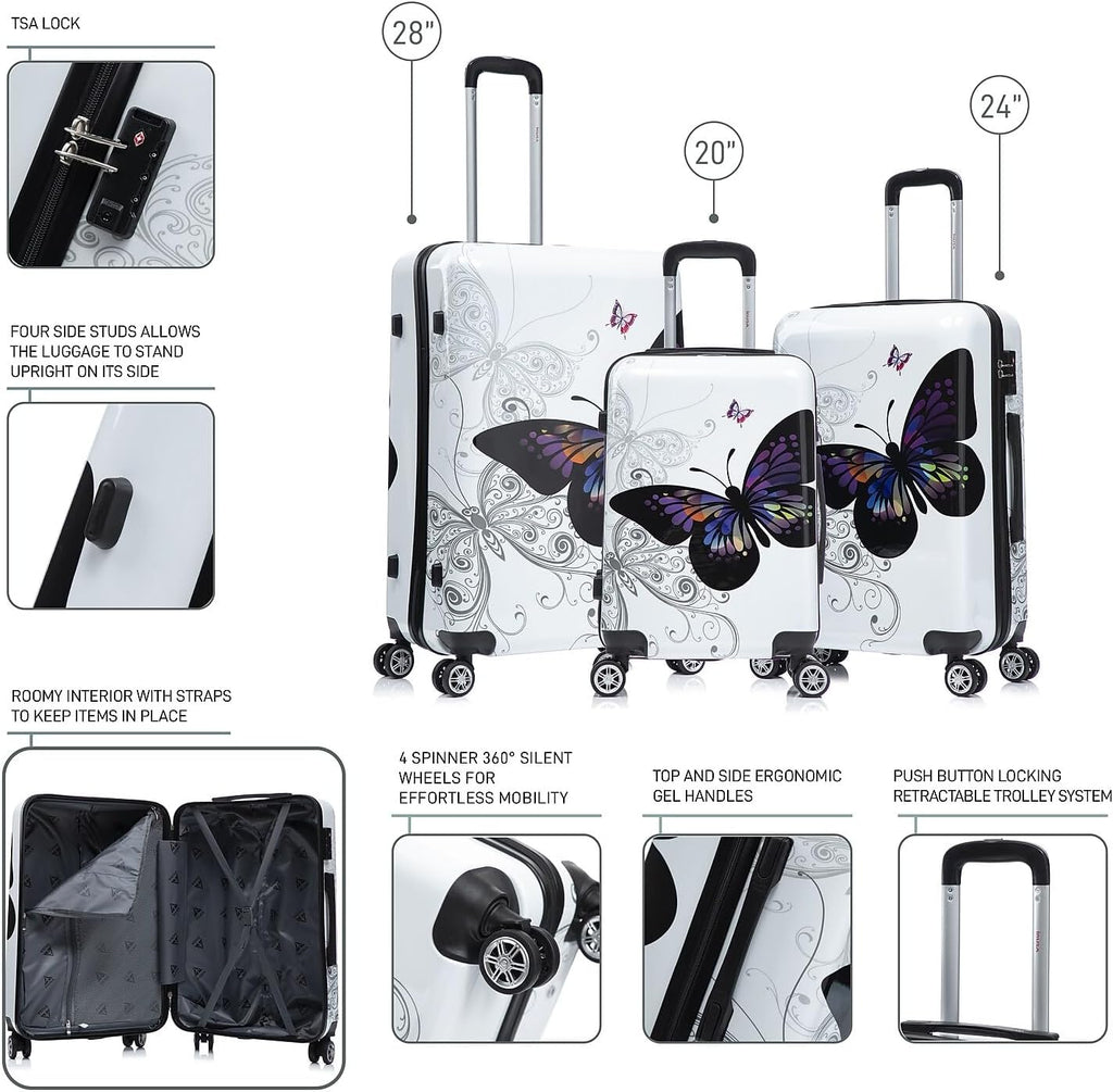 InUSA Hardside Butterfly Suitcase, 4-Wheeled Spinner, TSA Checkpoint Friendly, Black Butterfly